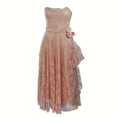 CEIL CHAPMAN 1950's Nude Lace Strapless Cocktail Dress with Flowers Size 4 3
