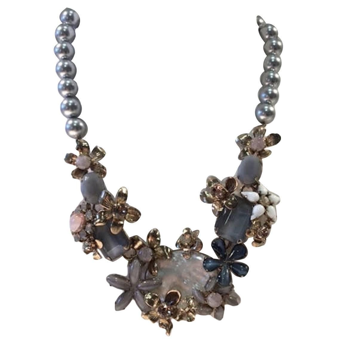 Philippe Ferrandis Glass Pearl and Crystal Floral Motif Necklace For Sale