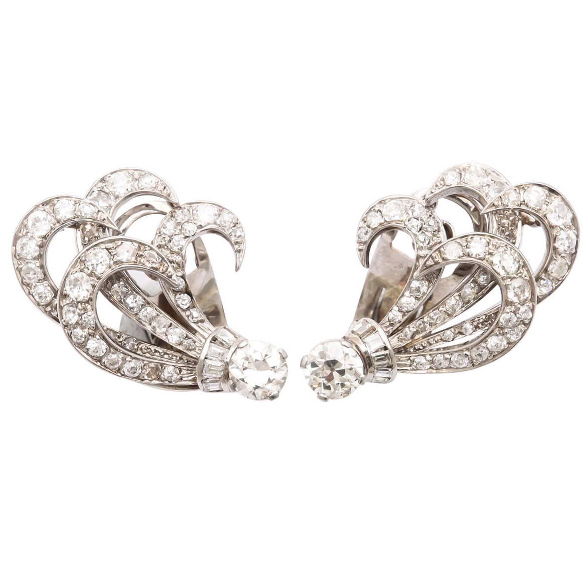 Retro Diamond and Platinum 'Feather' Earrings For Sale