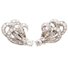 Retro Diamond and Platinum 'Feather' Earrings