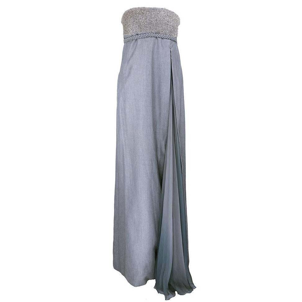 Chado Ralph Rucci Grey Silk Wool And Chiffon Strapless Gown with Wrap For Sale