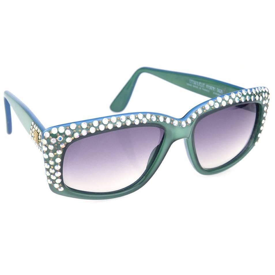 Emmanuelle Khanh 80s Iconic Green Rhinestone Encrusted Sunglasses For Sale
