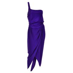 Halston Vintage Dress in Purple Asymmetrical Silk Jersey Draping Size 2/4