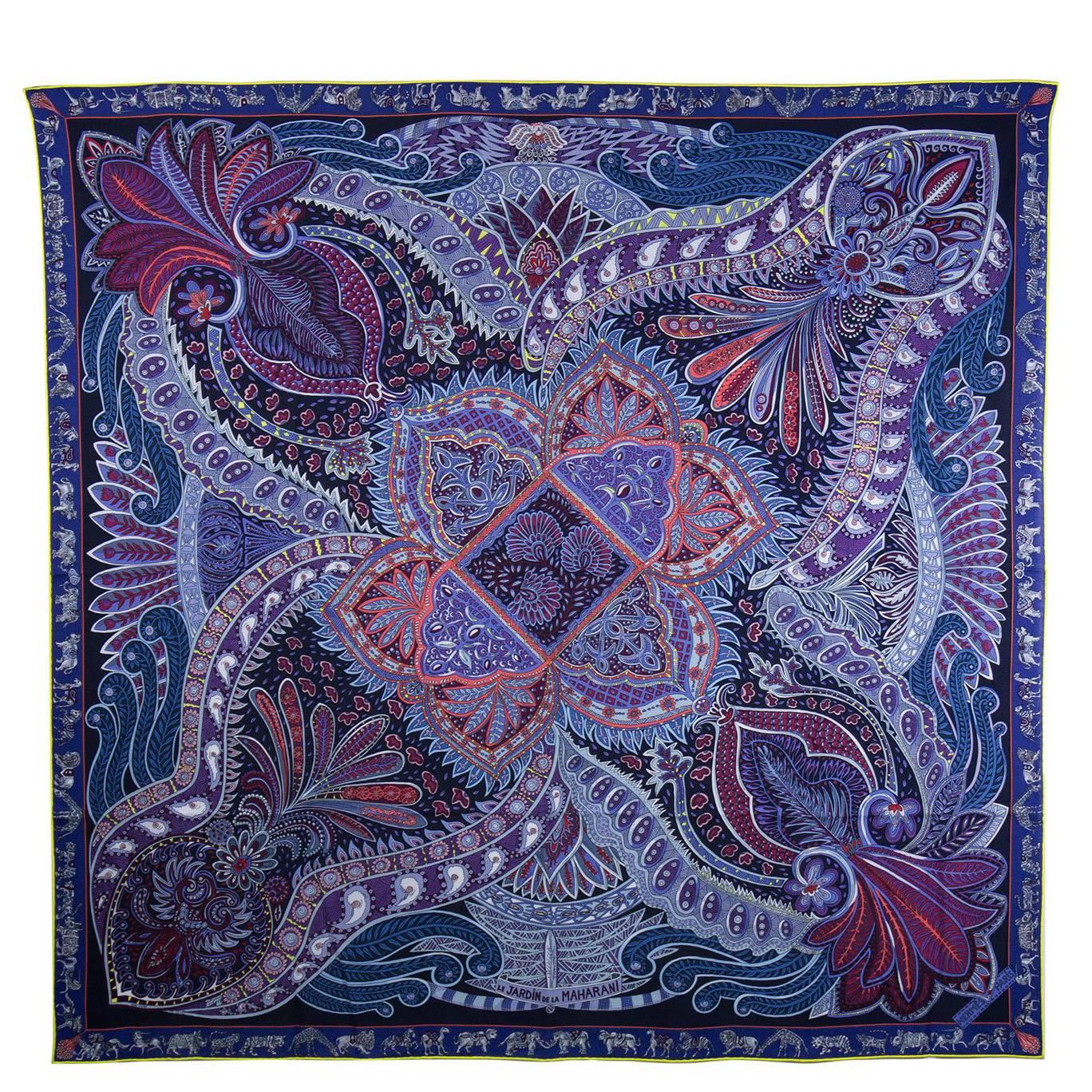 Hermes Shawl "Chale" "Le Jardin de la Maharani" Marine / Parme / Mauve 2017