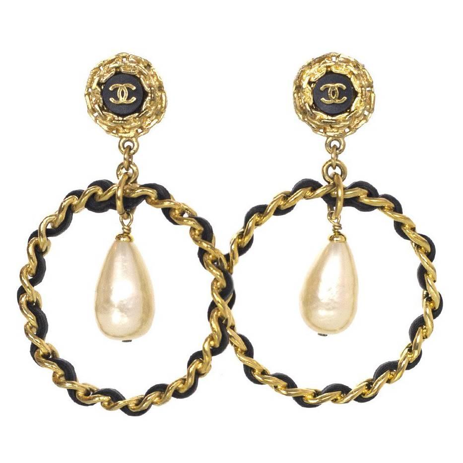 Chanel Vintage '80s Leather Hoop Clip Ons With Pearl Drop