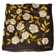 Chanel Black & White Camelia Printed 53" Silk Scarf
