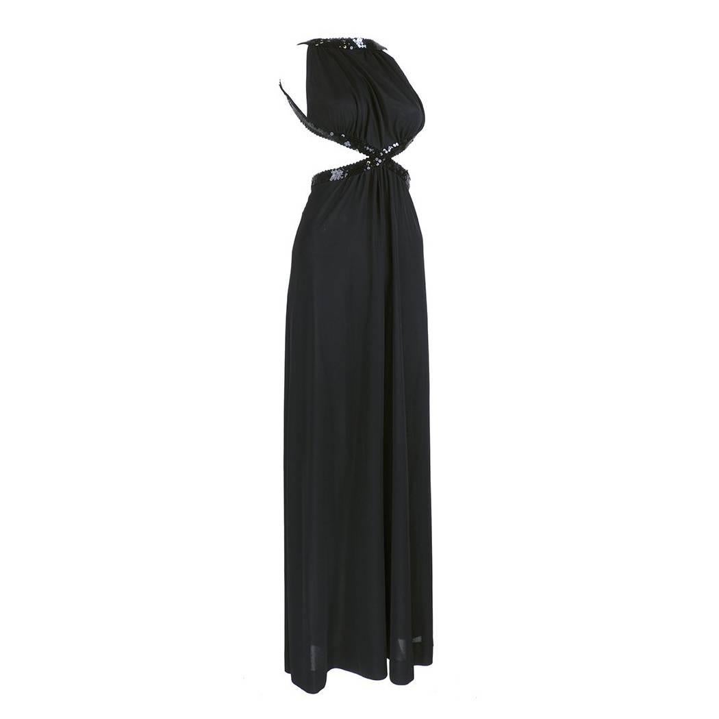 Loris Azzaro 70s Black Jersey Cutout Gown For Sale