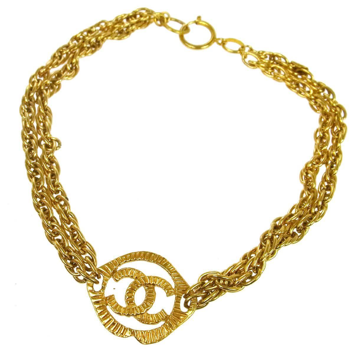 Chanel Vintage Gold CC Charm Double Strand Chain Link Choker Pendant Necklace 