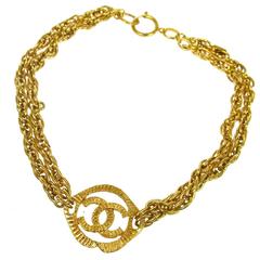 Chanel Vintage Gold CC Charm Double Strand Chain Link Choker Pendant Necklace 