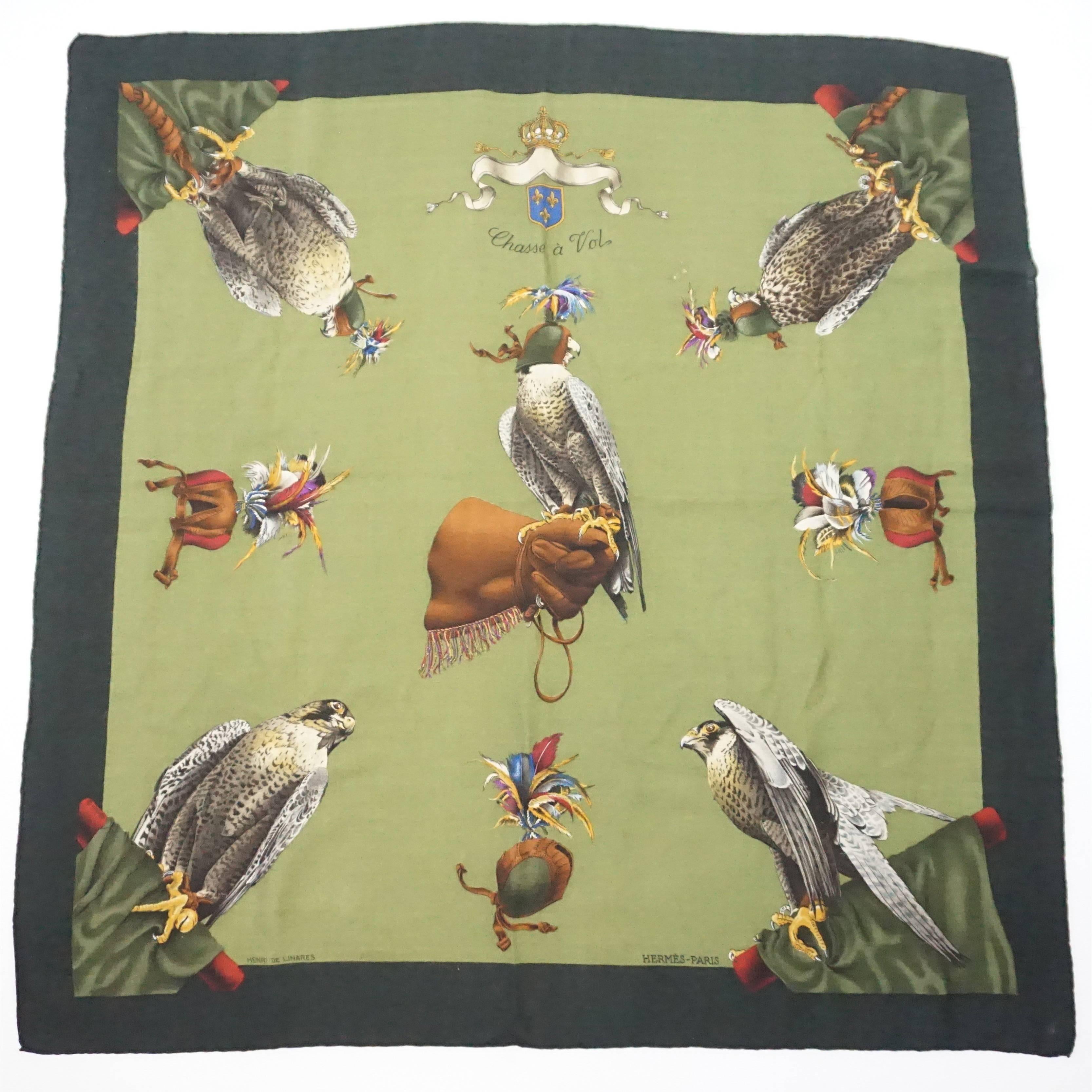 Hermes Green Cashmere "Chasse a Vol" Hawk Print Scarf