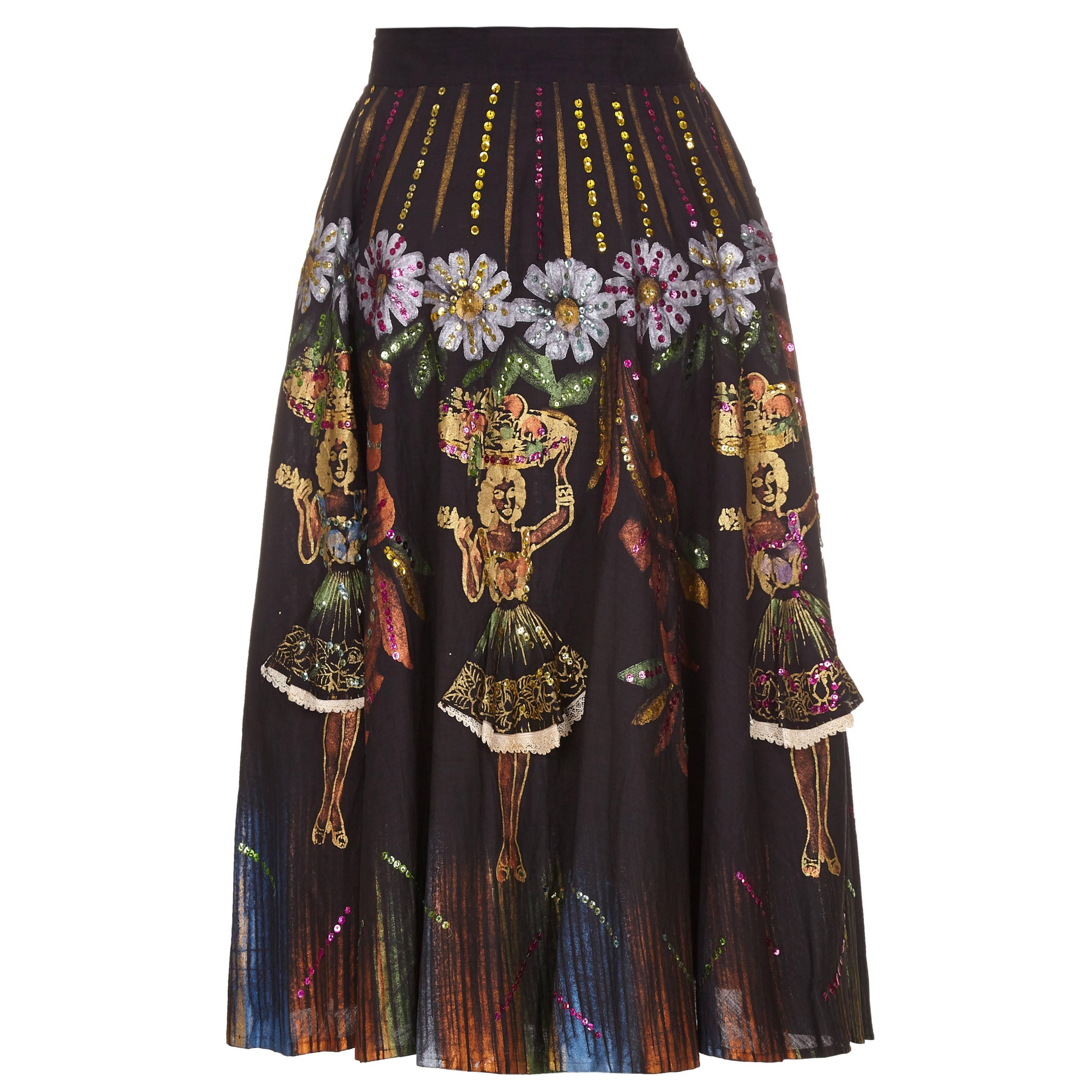 1950s Mexican Novelty Hand Painted Carmen Miranda Circle Skirt 