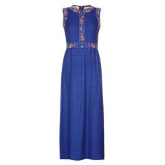 1970s Susan Small Blue Silk/ Linen Beaded Maxi Dress 12