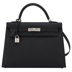 Fashionista Hermes Jet Black 32cm Epsom Sellier Kelly Palladium Hardware