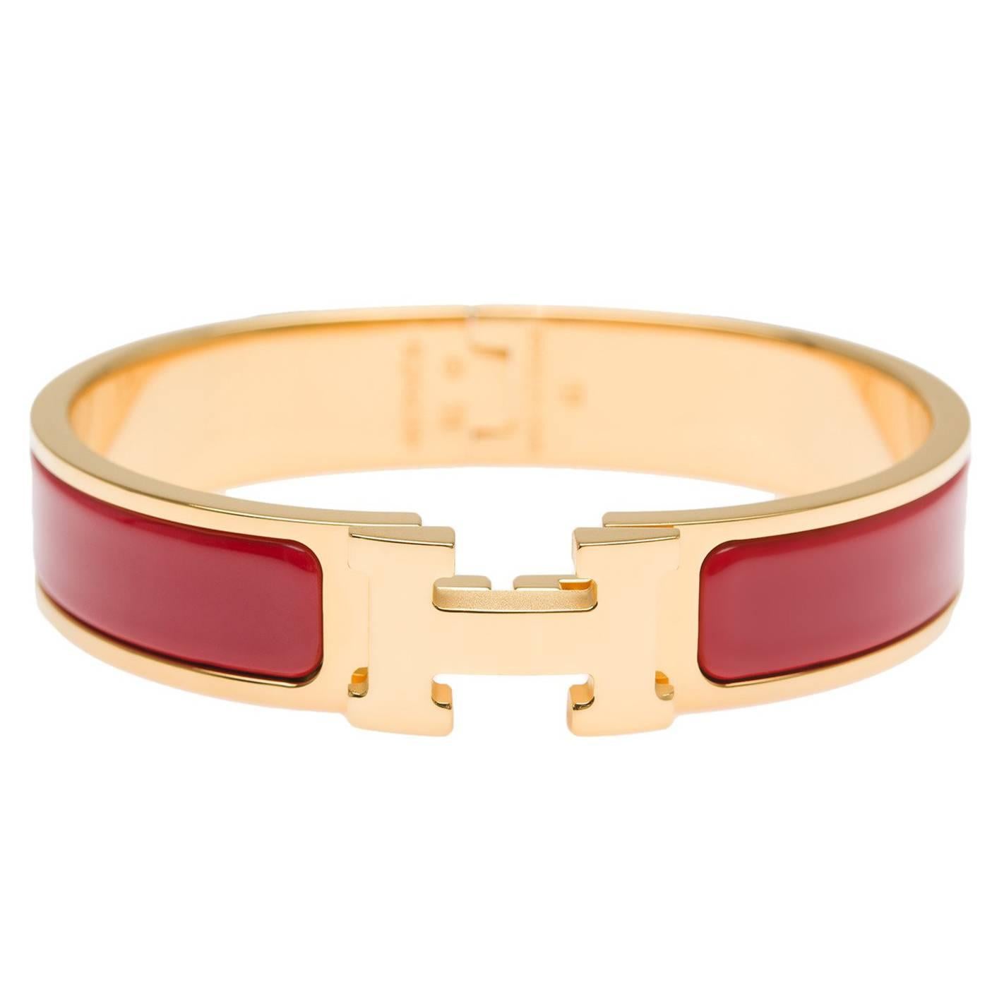 Hermes Amaranth Red Clic Clac H Narrow Enamel Bracelet PM For Sale