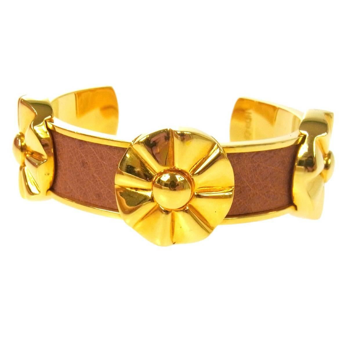 Hermes Cognac Tan Leather Gold Flower Charm Evening Cuff Bracelet in Box