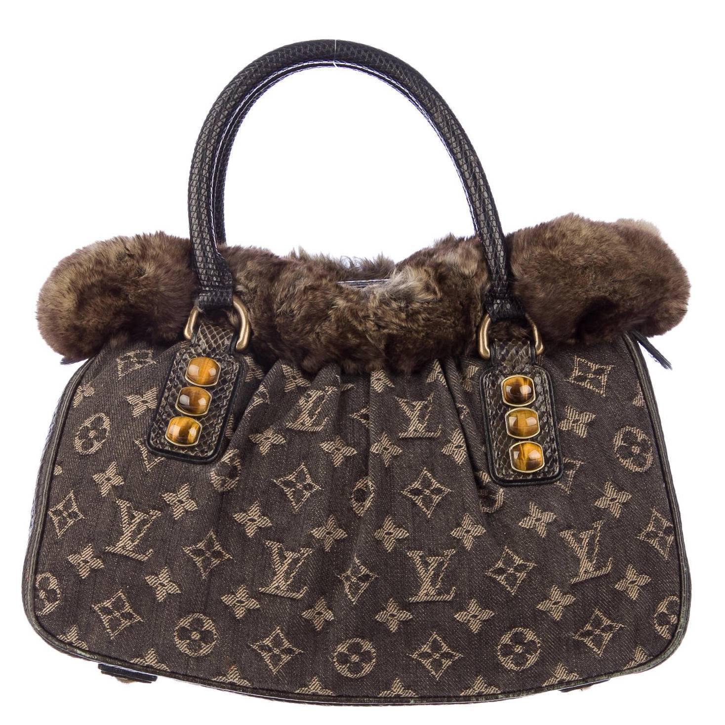 Louis Vuitton Limited Edition Brown Monogram Fur Top Handle Evening Satchel Bag