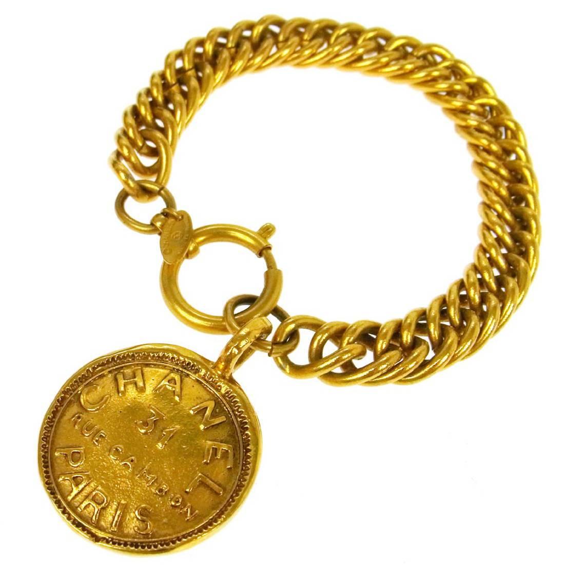 Chanel Vintage Gold Rue Cambon Chunky Link Coin Charm Evening Bracelet