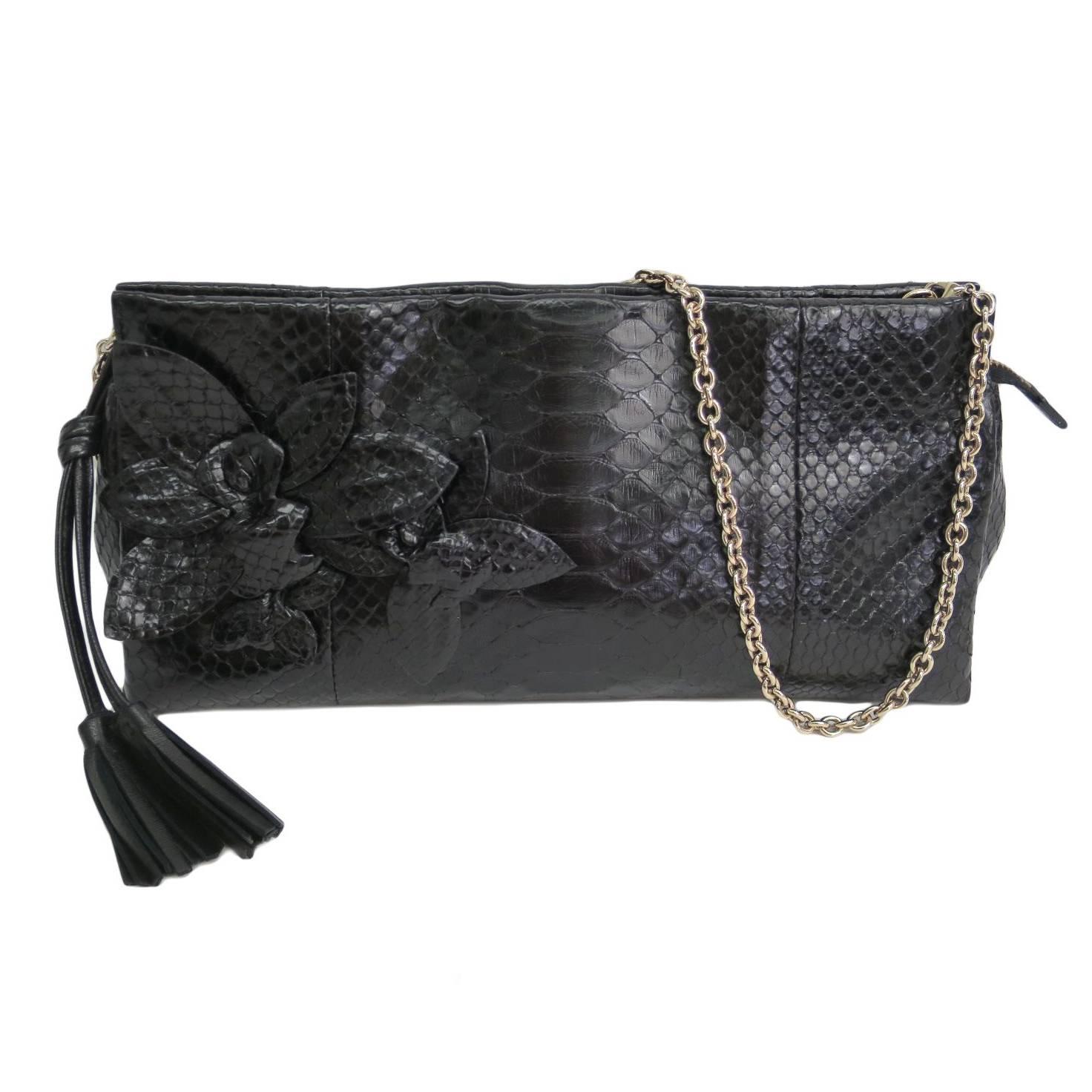 Gucci Black Snakeskin Leather Gold Chain 2 in 1 Evening Clutch Shoulder Flap Bag