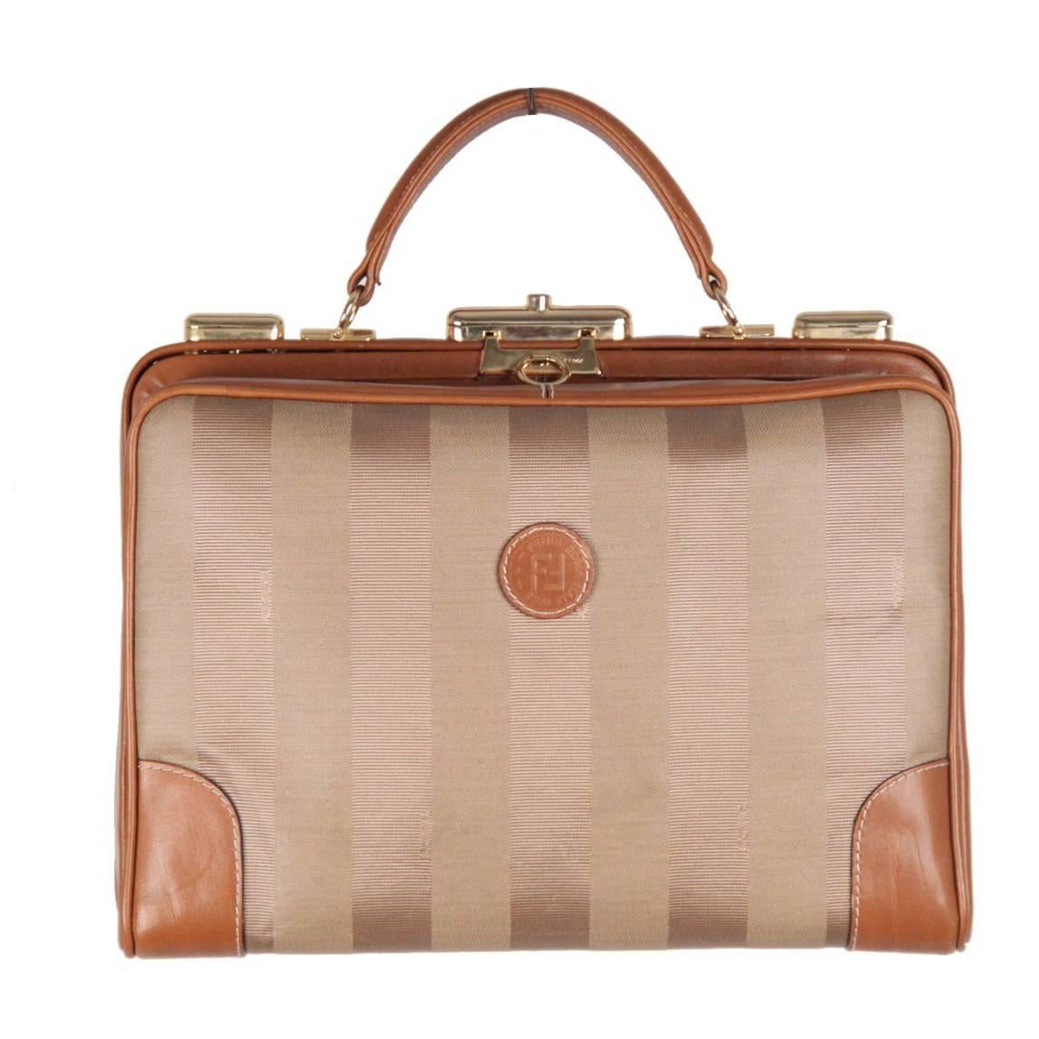 Fendi Vintage Tan Pequin striped Canvas handbag Train Case