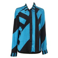 GUCCI Turquoise & Black Silk BUTTON DOWN SHIRT Blouse SIZE 38