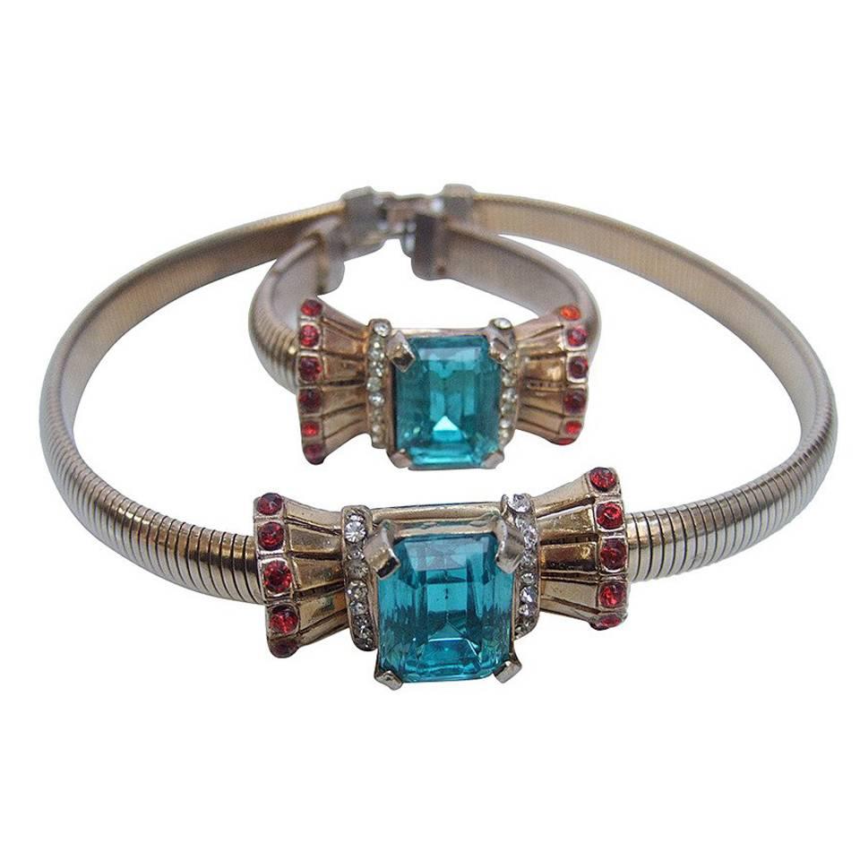 Art Deco 1940s Aquamarine Crystal Necklace & Bracelet