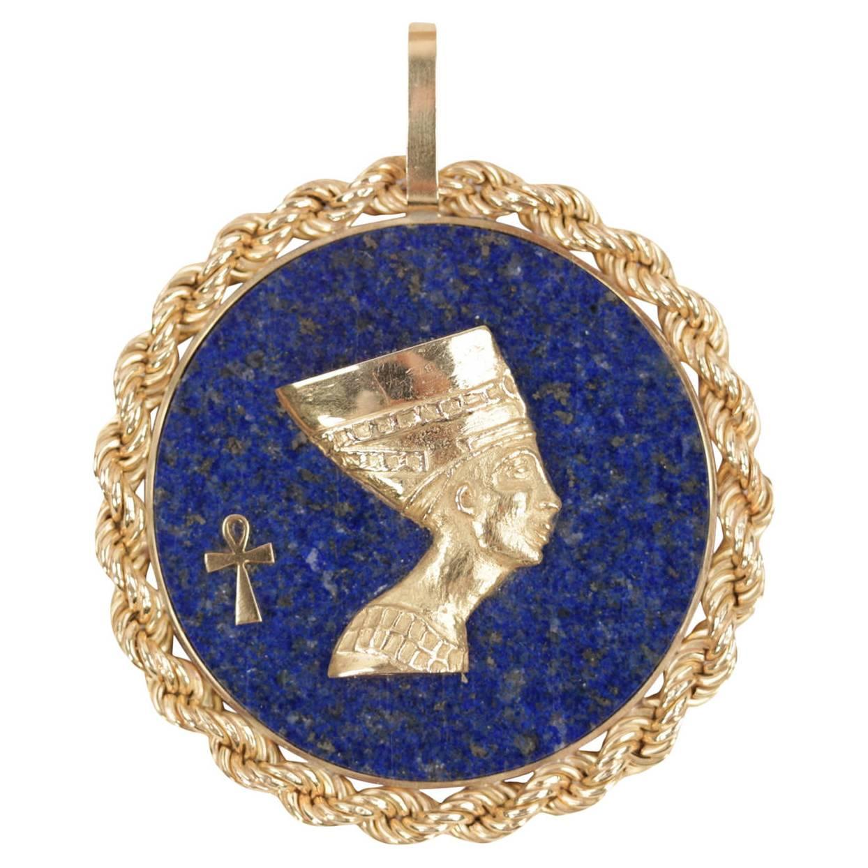  Blue LAPIS Yellow Gold Round Egyptian NEFERTITI PENDANT For Necklace