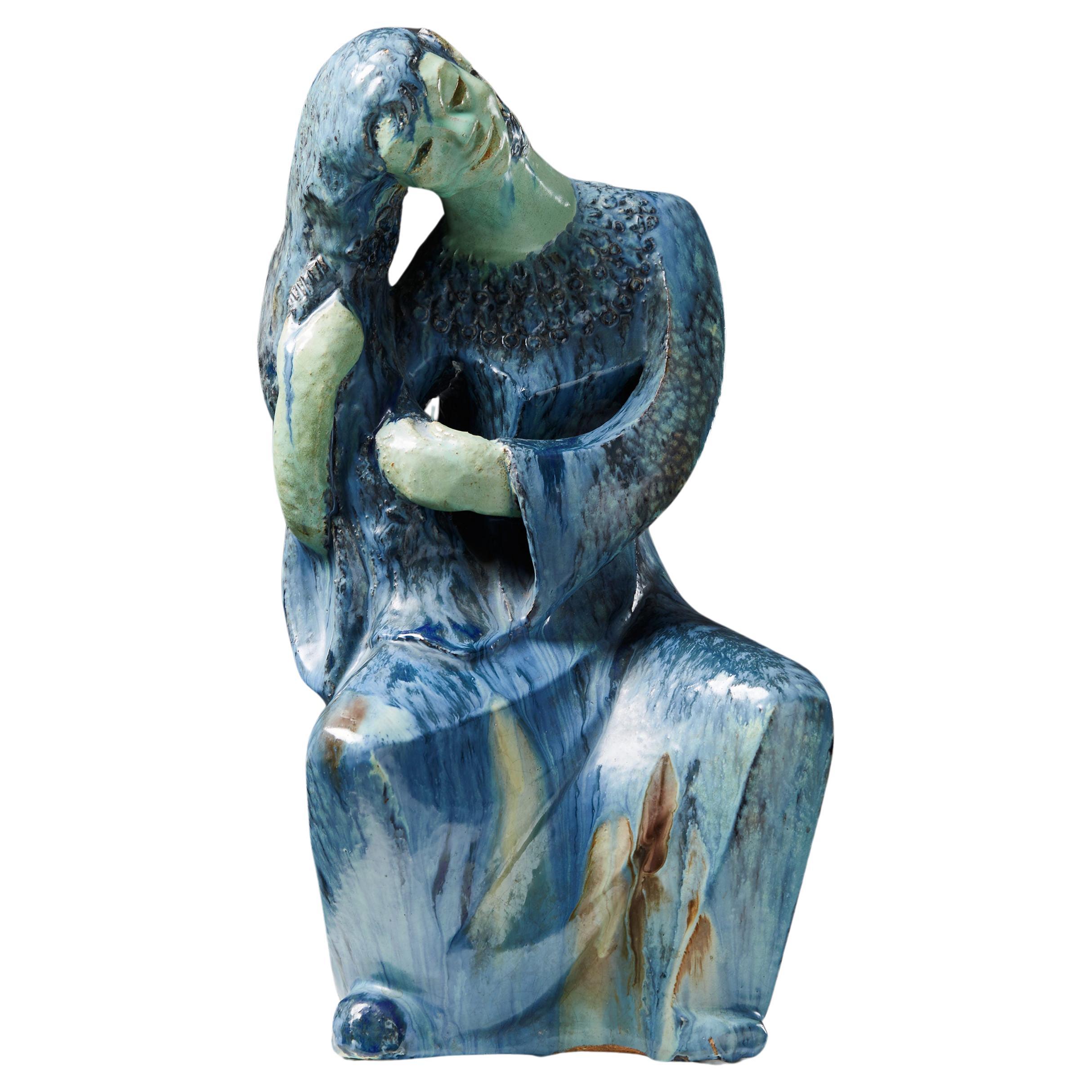 Female Figurine Sculpture by Hassan Heshmat Egypt 1960s Blue Teal Stoneware For Sale