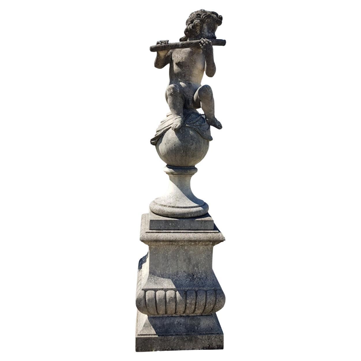 Italian Putto Stone Garden Statue Representing A Musician