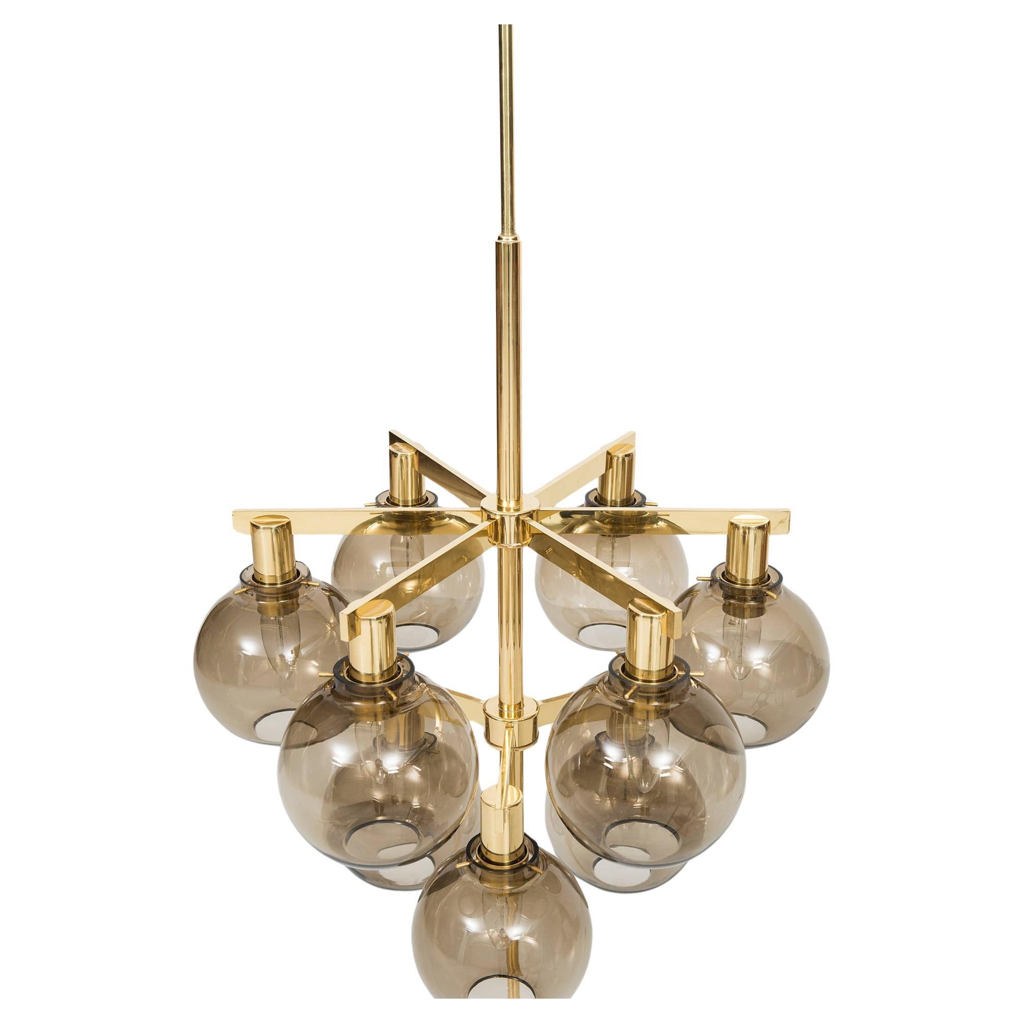 Hans-Agne Jakobsson Ceiling Lamp Chandelier Pendant Brass Smoked Glass 1950