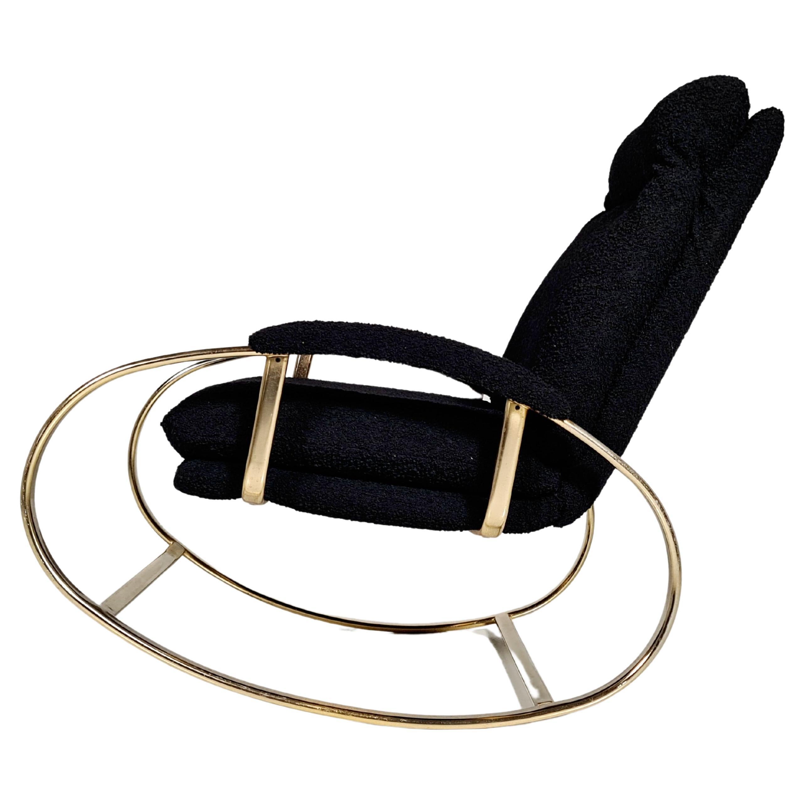 Mid Century Modern Brass Metal Rocking Chair Guido Faleschini Black Boucle For Sale