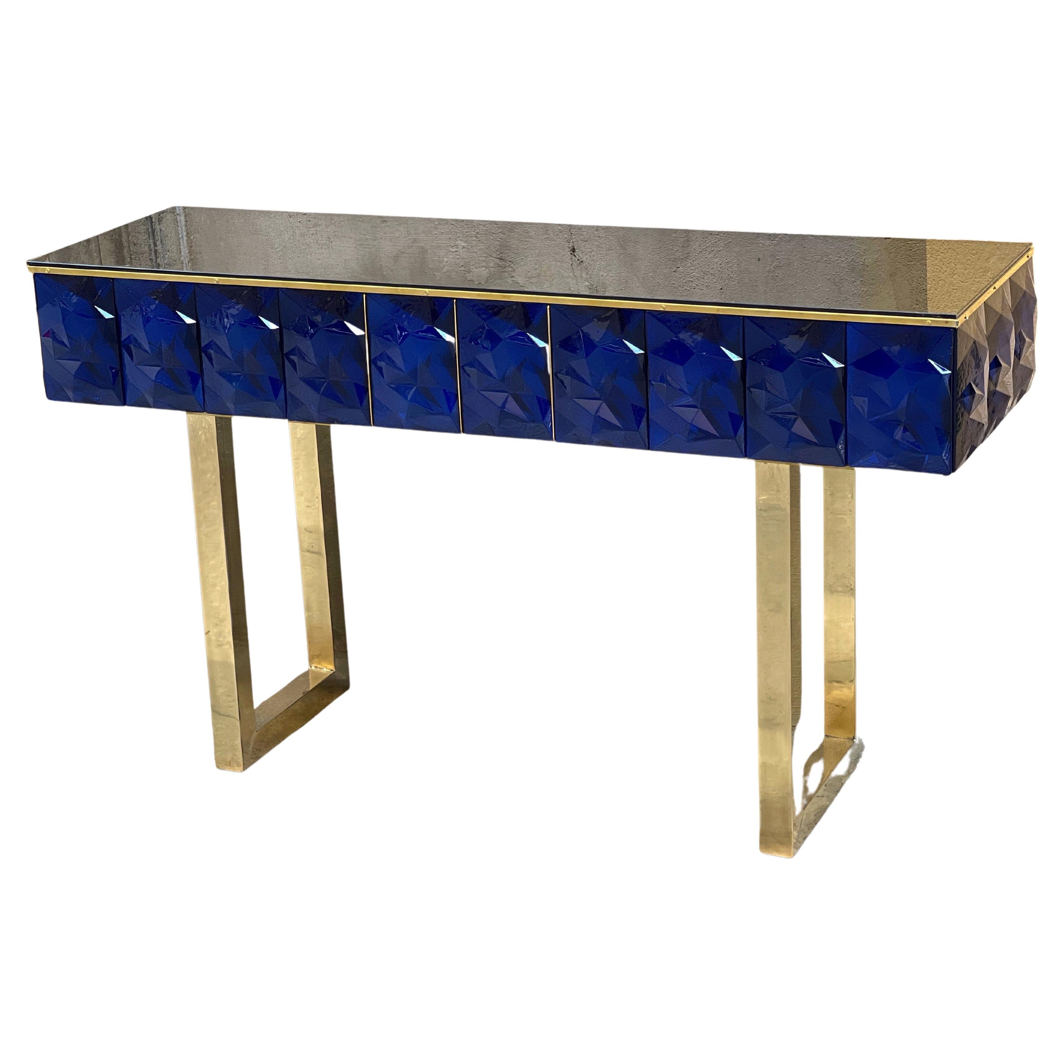 The Moderns Diamond Shape Blue Murano Console Table Black Opaline Brass Glass Top