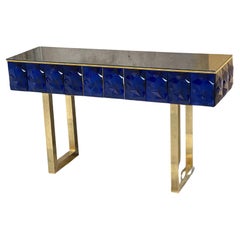 The Moderns Diamond Shape Blue Murano Console Table Black Opaline Brass Glass Top