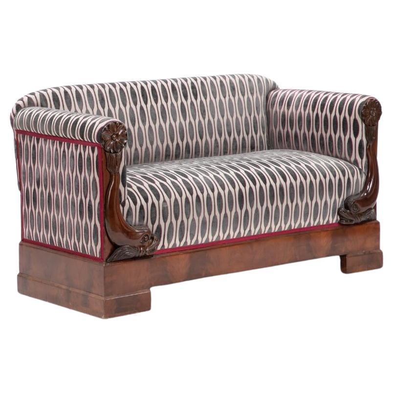 2 Seater Biedermeier Mahogany Wood Dolphins Carving Sofa Romo Fabric Grey Red For Sale