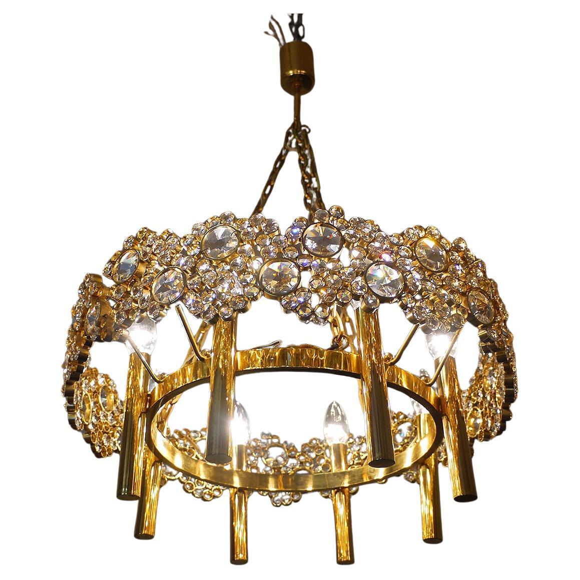 1970 Hollywood Regency Palwa Bubble Chandelier Swarovski Crystal Gilded Brass