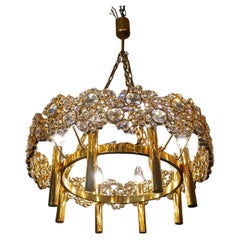 Retro 1970 Hollywood Regency Palwa Bubble Chandelier Swarovski Crystal Gilded Brass