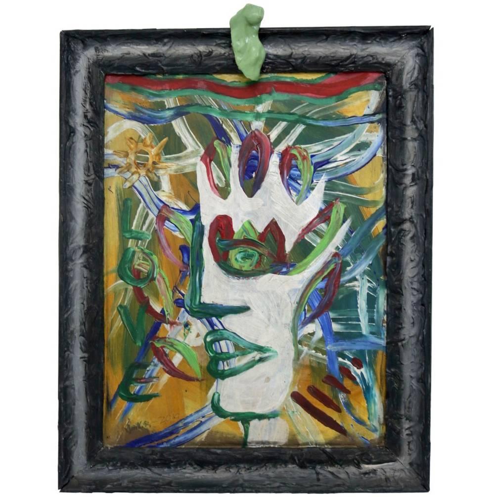 Acrylic on cardboard with a sculptural frame made in hand-shaped and painted clay.
