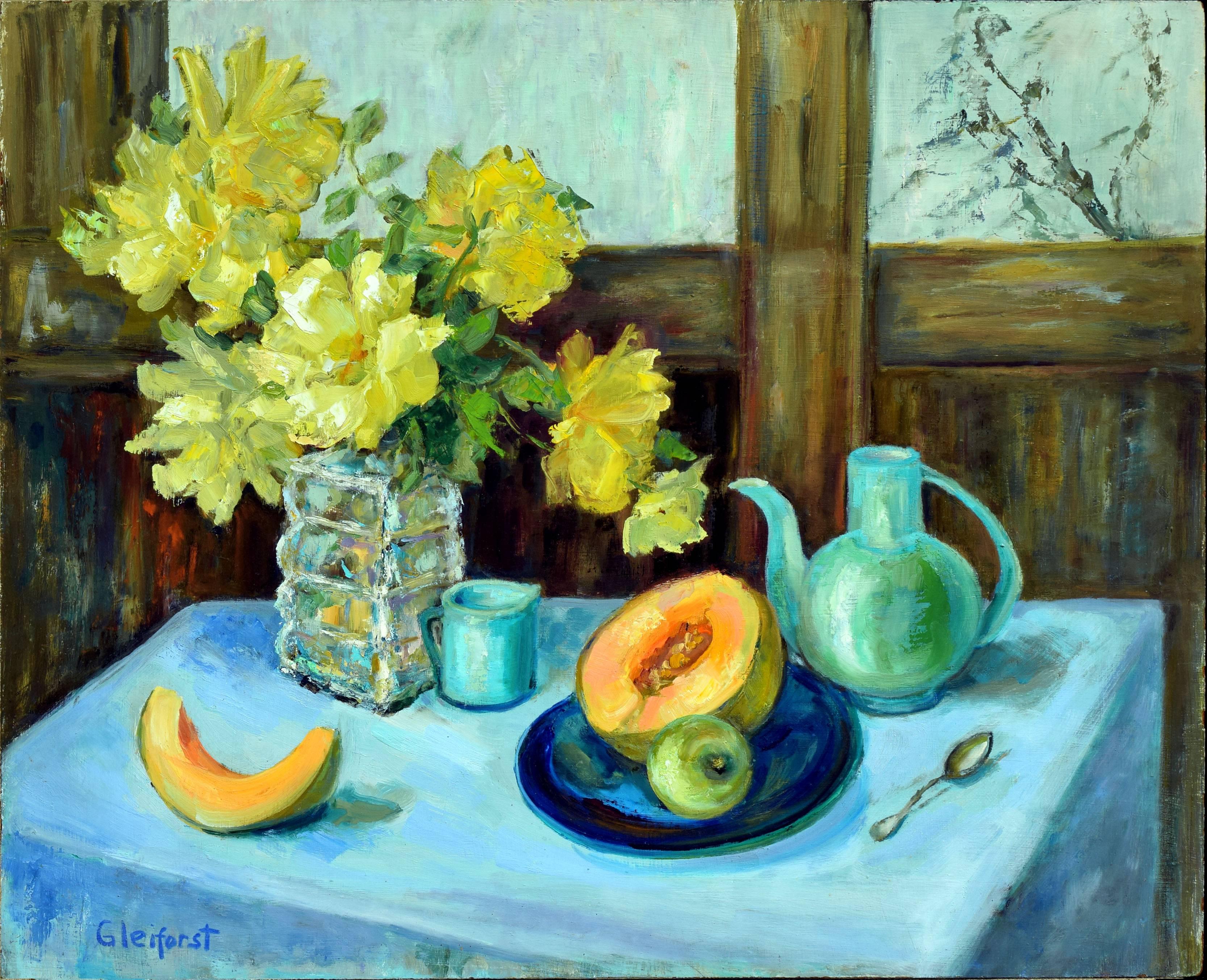 Helen Enoch Gleiforst Still-Life Painting - Yellow Roses & Tea