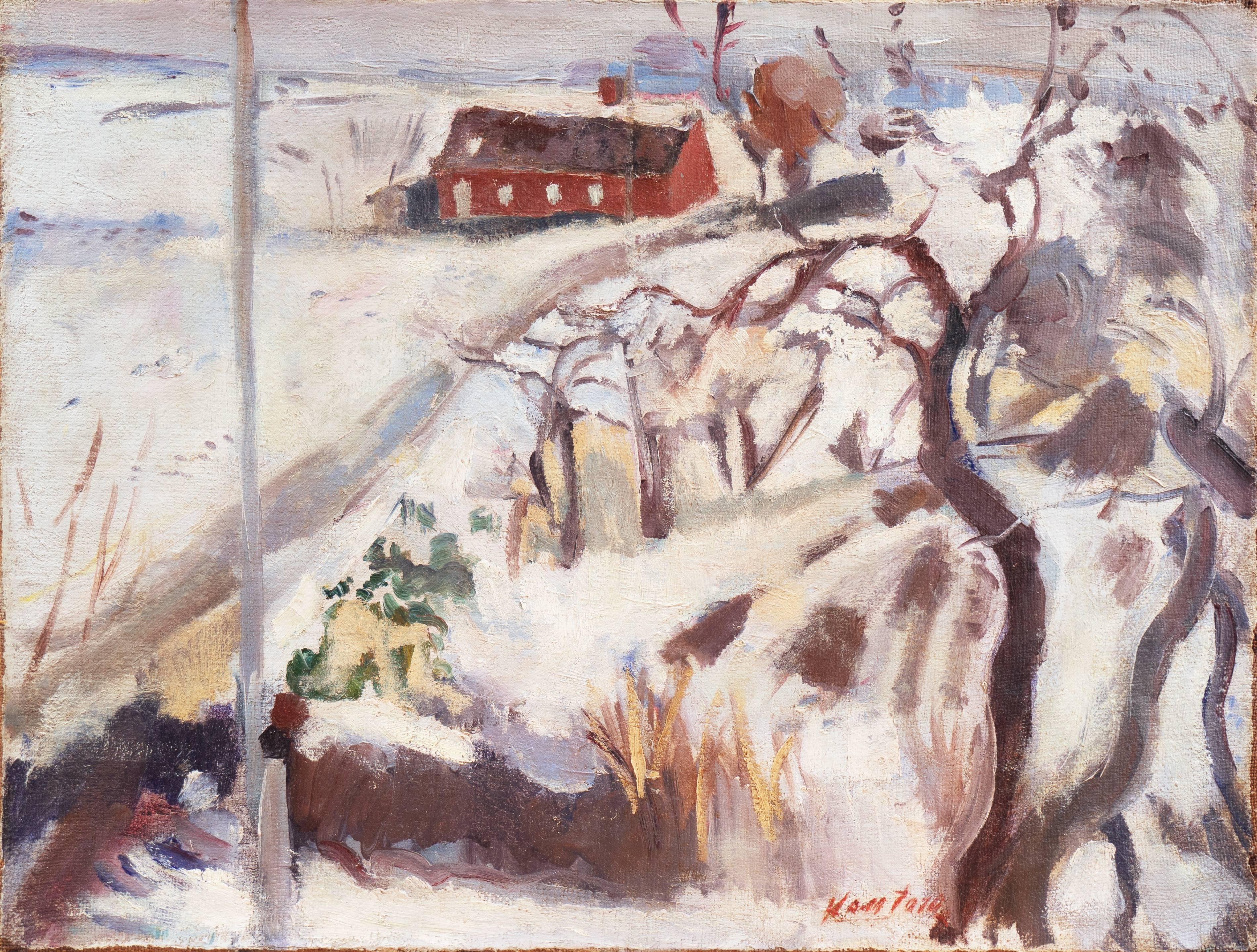 'Winter Landscape, Red Farmhouse', Post-Impressionist oil, Paris Salon, Benezit