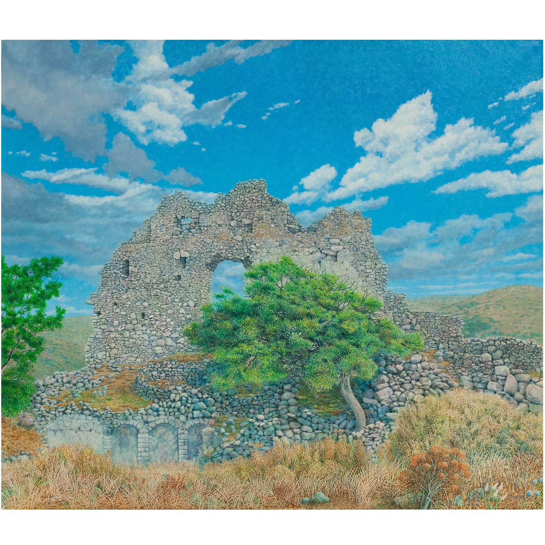 George Tzannes Landscape Painting - Ancient Ruins at Paliochora With Tree - Oil Painting with Archaeological Ruin