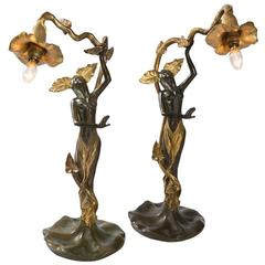 Helene Sibeud Pair of French Art Nouveau Illuminated “Femme Fleur” Bronzes