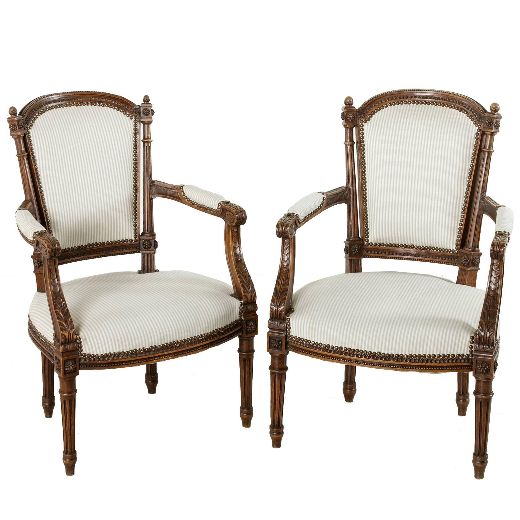 Pair of 19th Century Louis XVI Style Hand Carved Walnut Armchairs from Provence