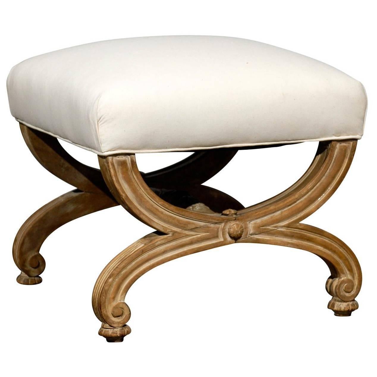 French Mid-20th Century X-Frame Stool with Upholstered Seat and Faded Wood