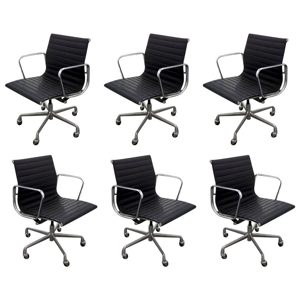 Six Vintage Eames Aluminum Group Leather "Management" Chairs