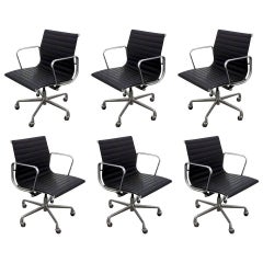 Six Retro Eames Aluminum Group Leather "Management" Chairs