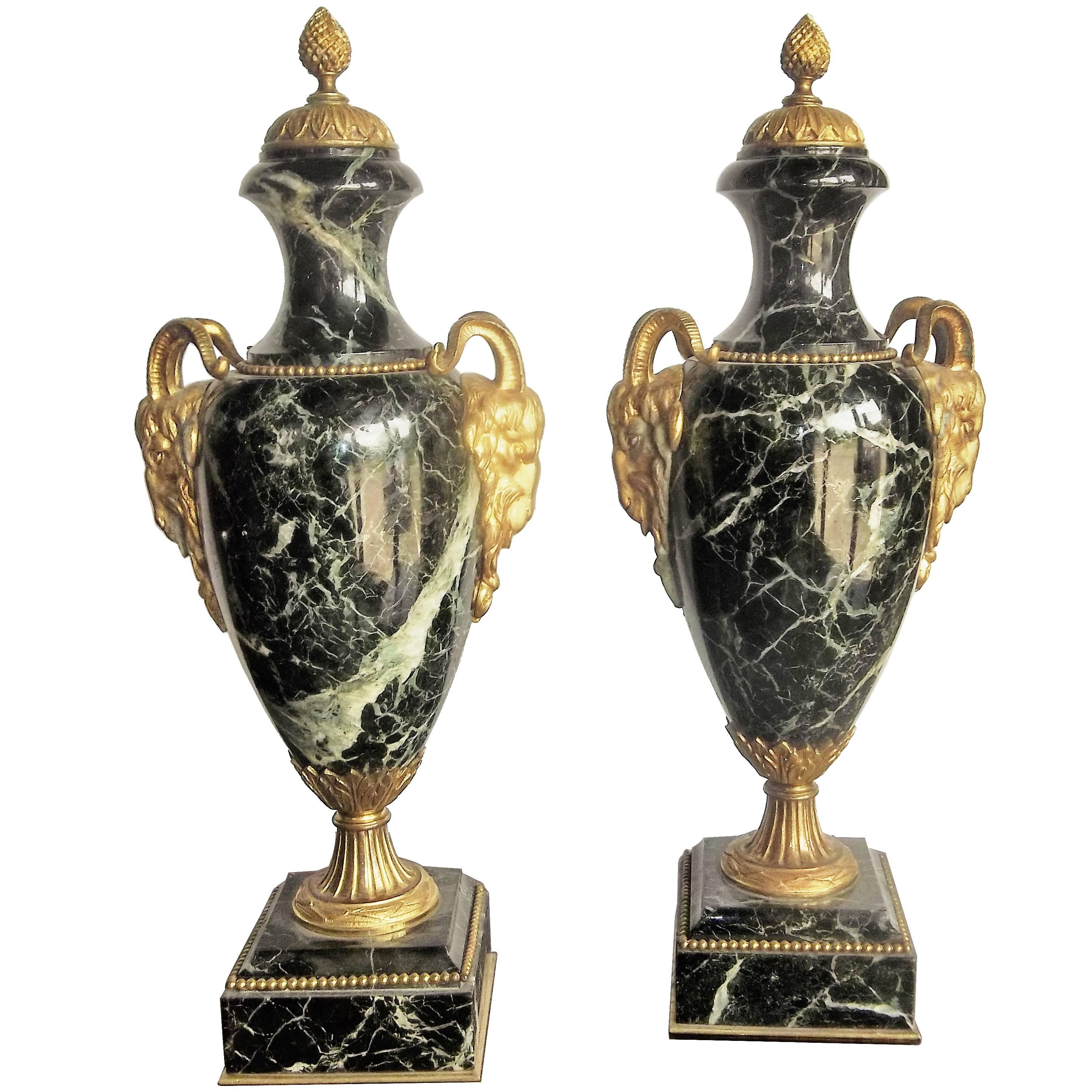 Pair of Verdi Antico 'Green' Marble Urns or Cassolette Garnitures
