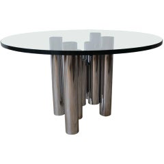 Mid Century Modern Tubular Chrome Column Base Couchtisch, runde Glasplatte