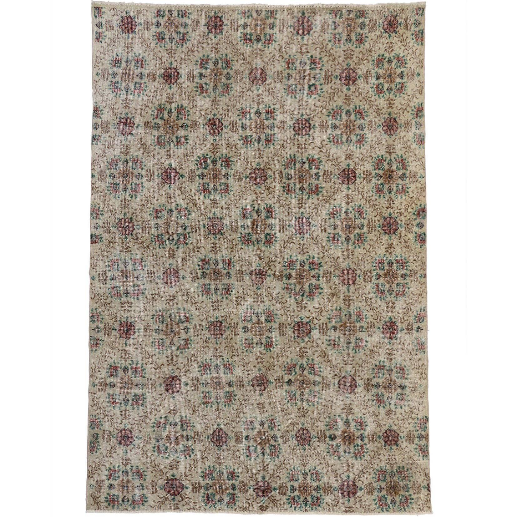 Distressed Vintage Turkish Sivas Rug with Romantic English Cottage Style For Sale