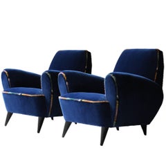 Pair of Armchair Upholstered in Velvet with Wool Tweed Piping. Italy, 1950.