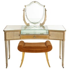 Hollywood Regency Wood and Mirrored Vanity with Upholstered Bench