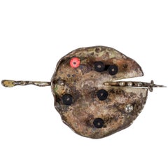 Harry Bertoia Patinated Silver Brooch with Coral and Ebony, USA, 1943